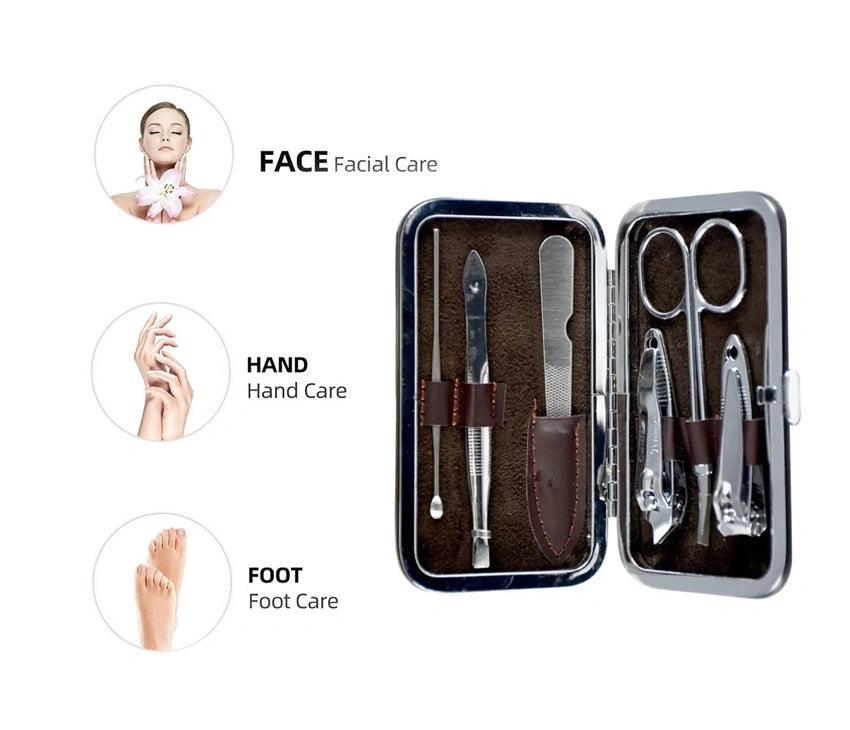 6pcs Manicure Set Nail Clipper Stainless Steel Grooming Pedicure kit Brown Case