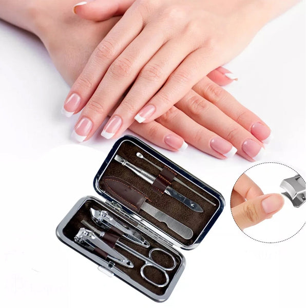 6pcs Manicure Set Nail Clipper Stainless Steel Grooming Pedicure kit Brown Case