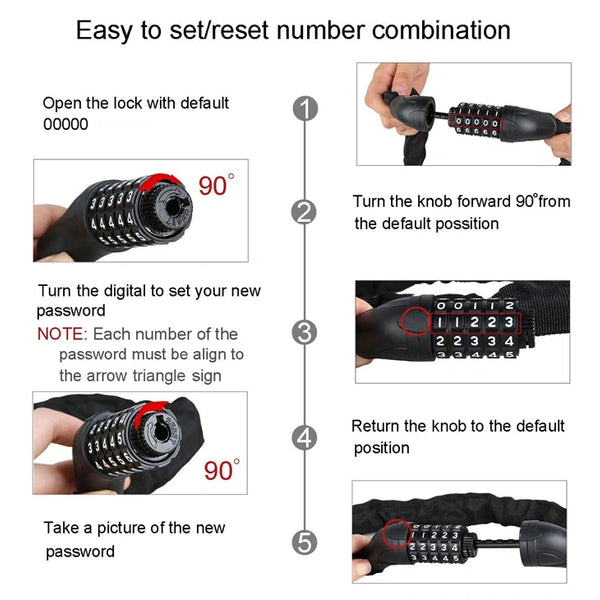 Heavy Duty Chain Lock for Bike - Keyless 5-Digit Combination Lock