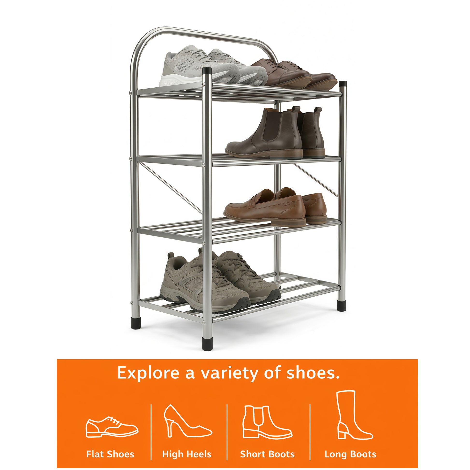 Stainless Steel Shoe Rack- 4-Tier, Ideal for Living Room or Hallway (Silver)-Houszy®