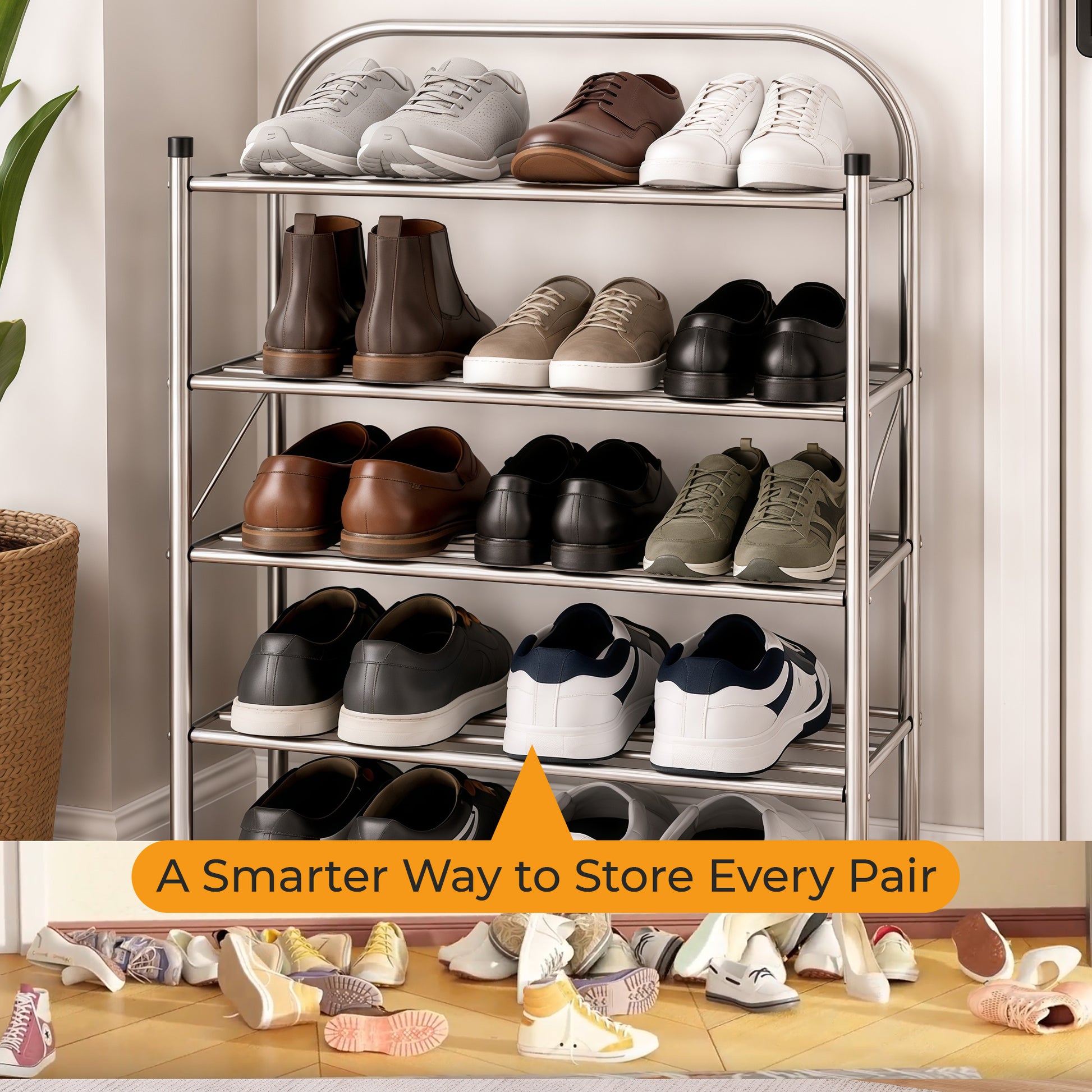 Stainless Steel Shoe Rack- 4-Tier, Ideal for Living Room or Hallway (Silver)-Houszy®