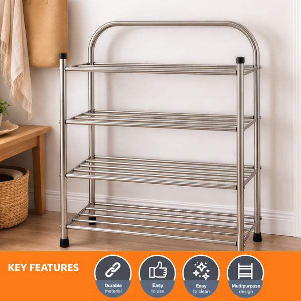 Stainless Steel Shoe Rack- 4-Tier, Ideal for Living Room or Hallway (Silver)-Houszy®