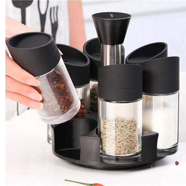 Spice Jars Stainless steel rotating seasoning jar glass cruet kitchen supplies Condiment Pots Container (Size : 7-piece set)