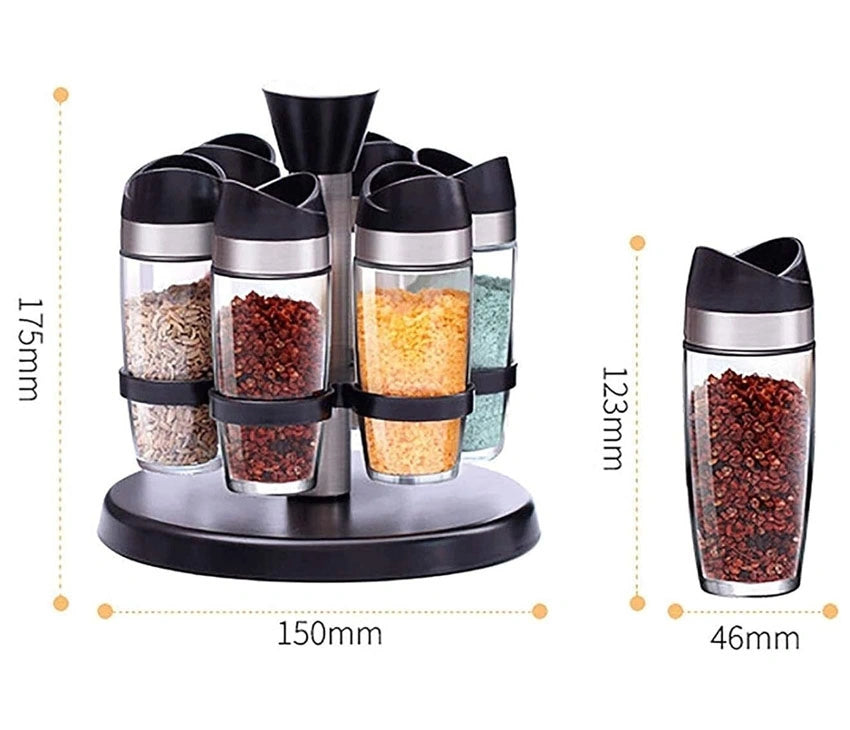 Rotating Spice rack with Seasoning Glass jars-Set of 7 (Salt & Pepper Shakers With  360-Degree Rotation Base)