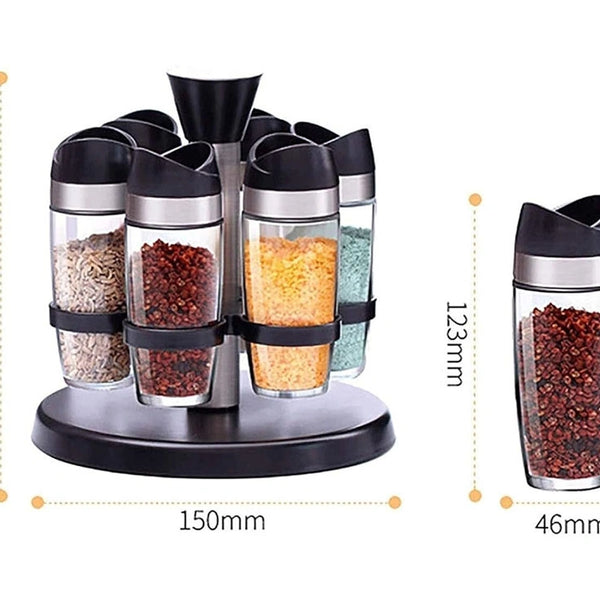 Rotating Spice rack with Seasoning Glass jars-Set of 7 (Salt & Pepper Shakers With  360-Degree Rotation Base)