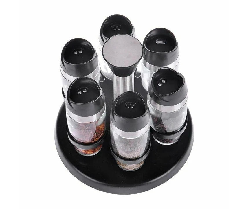 Rotating Spice rack with Seasoning Glass jars-Set of 7 (Salt & Pepper Shakers With  360-Degree Rotation Base)