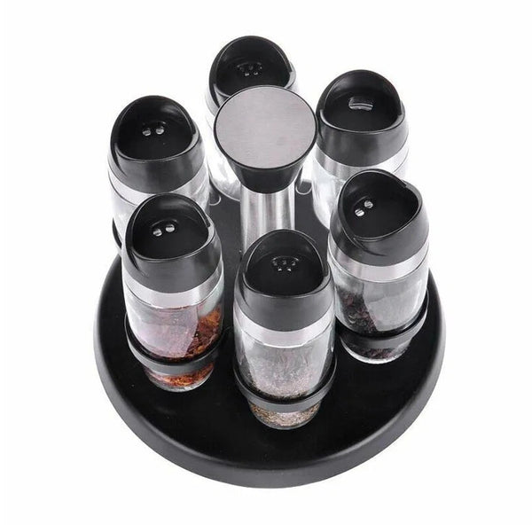 Rotating Spice rack with Seasoning Glass jars-Set of 7 (Salt & Pepper Shakers With  360-Degree Rotation Base)