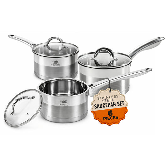 Stainless Steel Saucepan Set (16/18/20cm) with Glass Lids– Induction & All Hobs, Even‑Heat Base-6pc