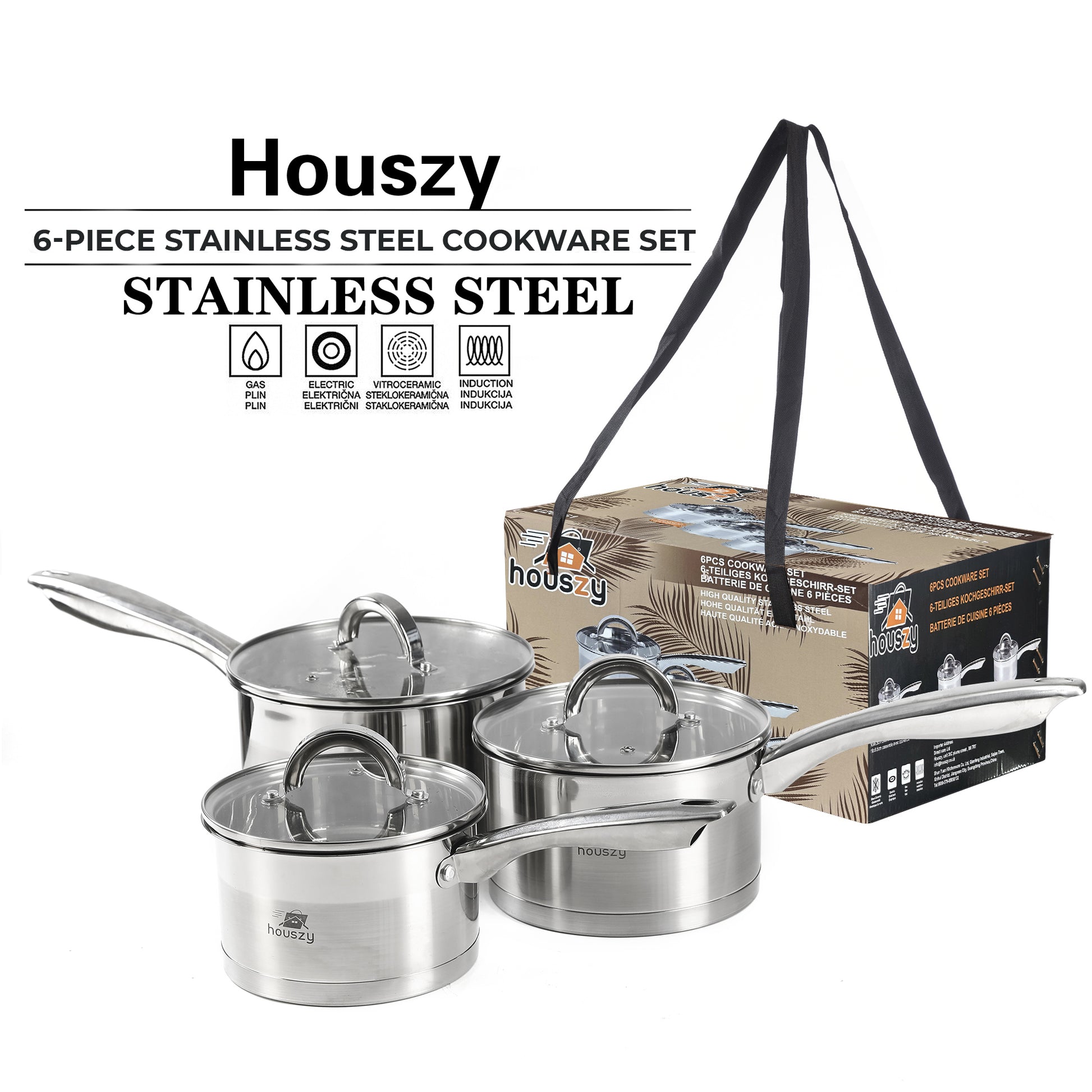 Stainless Steel Saucepan Set (16/18/20cm) with Glass Lids– Induction & All Hobs, Even‑Heat Base-6pc