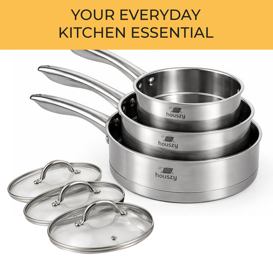 Stainless Steel Saucepan Set (16/18/20cm) with Glass Lids– Induction & All Hobs, Even‑Heat Base-6pc