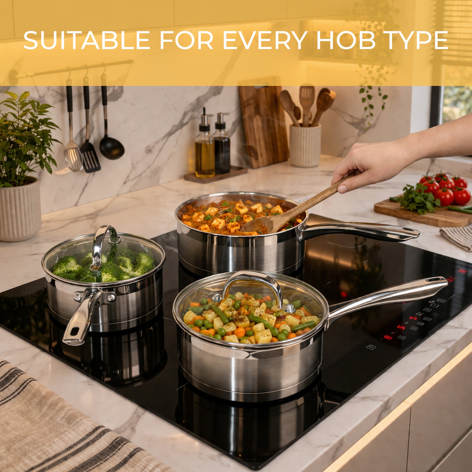 Stainless Steel Saucepan Set (16/18/20cm) with Glass Lids– Induction & All Hobs, Even‑Heat Base-6pc