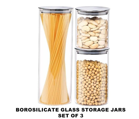 Borosilicate Glass Food Storage Jars  With Stainless Steel Lids-Pack of 3