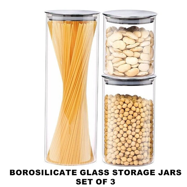 Borosilicate Glass Food Storage Jars  With Stainless Steel Lids-Pack of 3