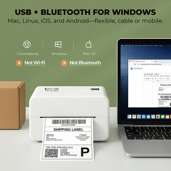 Direct Care Desktop USB & Bluetooth Barcode Printer, 203 dpi Direct Thermal, 152 mm/s, Max 108 mm Width, TSPL, Gap/Black‑Mark/Continuous, Windows/Mac/Linux/iOS/Android, 8MB RAM + 8MB Flash, CE