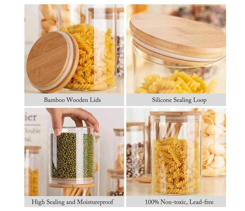 Glass Food Storage Jars with Bamboo Lids - Stackable & Sealed Kitchen Containers - set of 3