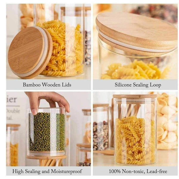 Glass Food Storage Jars with Bamboo Lids - Stackable & Sealed Kitchen Containers - set of 3