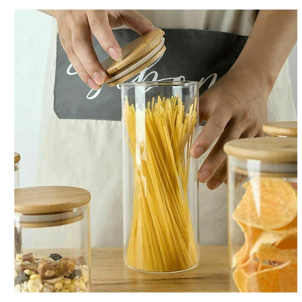 Glass Food Storage Jars with Bamboo Lids - Stackable & Sealed Kitchen Containers - set of 3