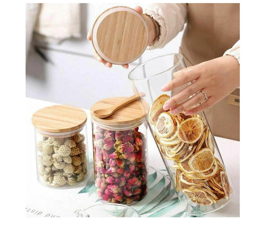 Glass Food Storage Jars with Bamboo Lids - Stackable & Sealed Kitchen Containers - set of 3