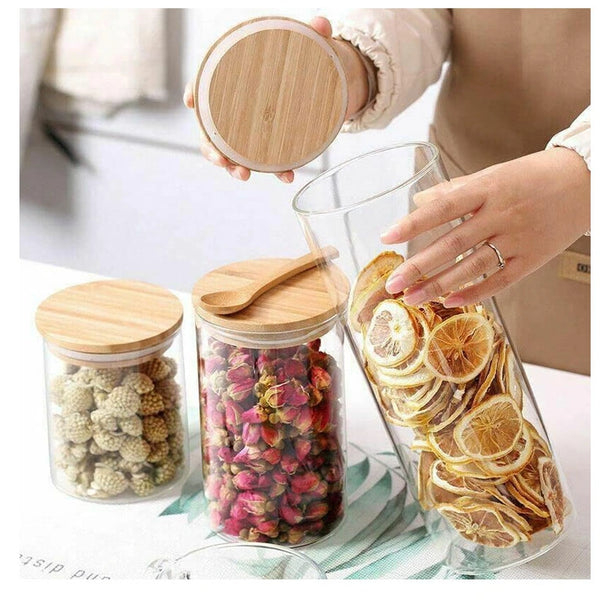 Glass Food Storage Jars with Bamboo Lids - Stackable & Sealed Kitchen Containers - set of 3