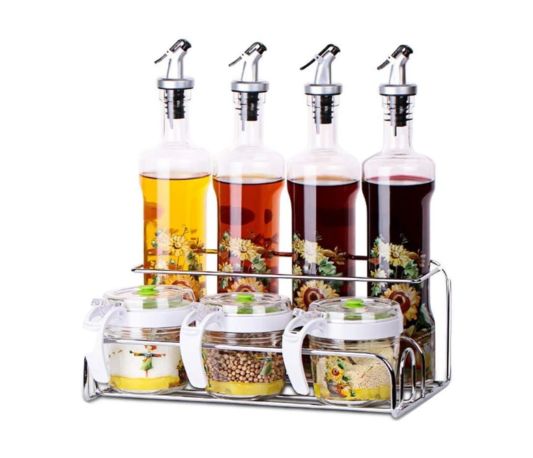 Glass Oil Bottle,Olive Oil Dispenser Set,4 pcs Oil Bottles,Olive Oil Bottle and 3 pcs spice jars Vinegar Bottle Glass Set for Kitchen