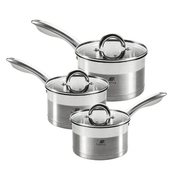 Stainless Steel Saucepan Set (16/18/20cm) with Glass Lids– Induction & All Hobs, Even‑Heat Base-6pc
