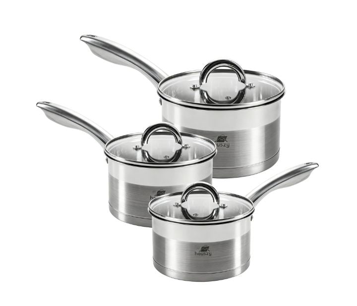 Stainless Steel Saucepan Set (16/18/20cm) with Glass Lids– Induction & All Hobs, Even‑Heat Base-6pc