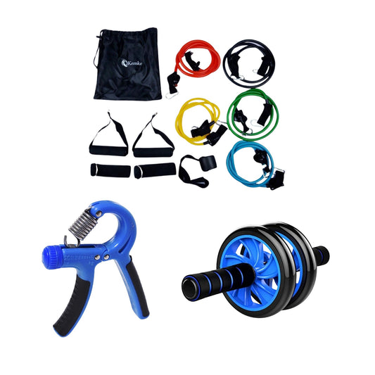 Gym Equipment Set of Heavy Duty Adjustable Hand Gripper Abdominal Exercise Wheel Roller with Extra Thick Knee Pad & 11 Pcs Resistance Band Pull Rope Set