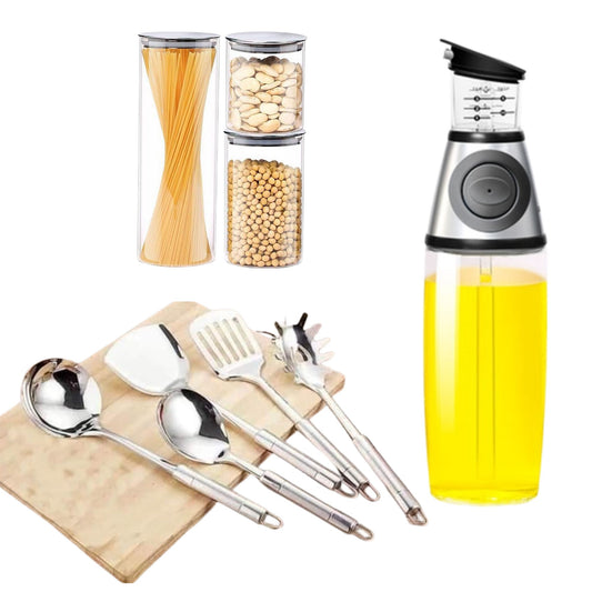 Set of Oil dispenser Bottle, Glass Food Storage 3 Piece and 5pc stainless steel kitchen utensils For Kitchen Use