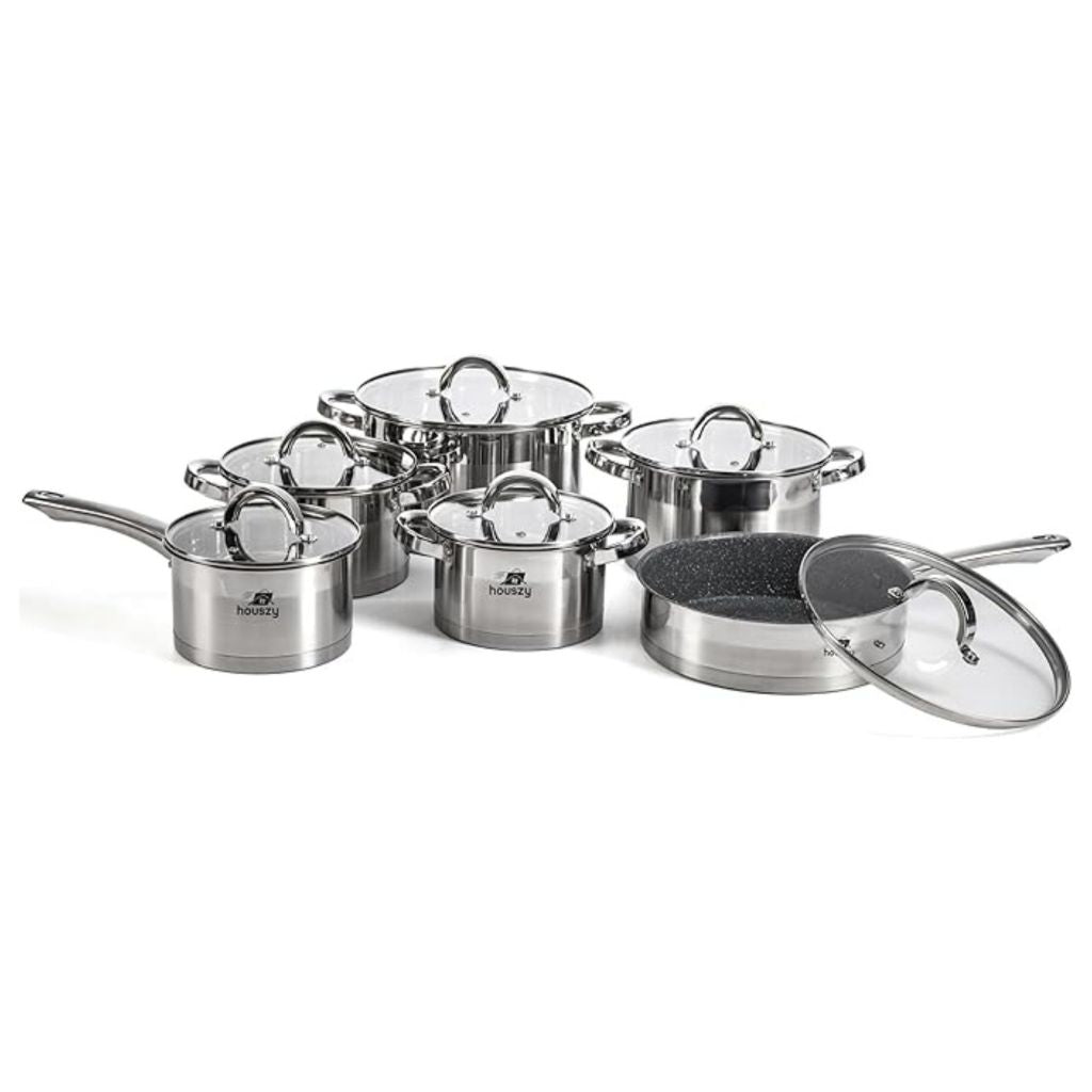 Stainless Steel Non-stick Cookware Set with Glass Lids - 12pcs