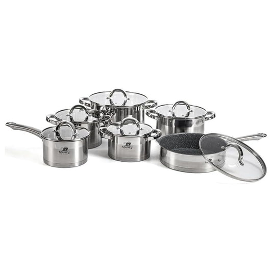 Stainless Steel Non-stick Cookware Set with Glass Lids - 12pcs