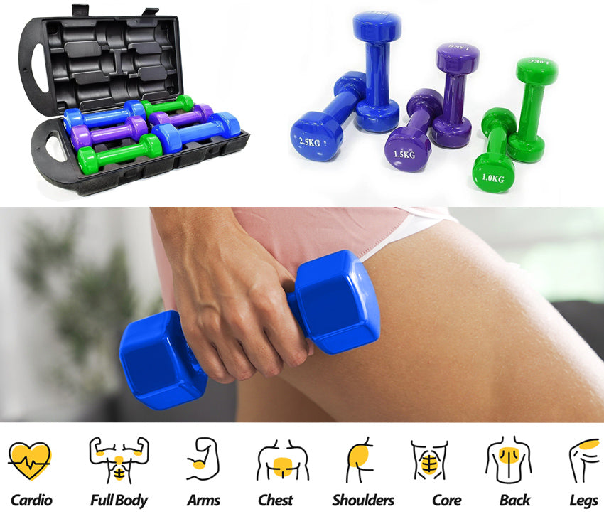 Vinyl Dumbbell Set With Molded Carry Case-10 Kgs (Multi-Colour Set)