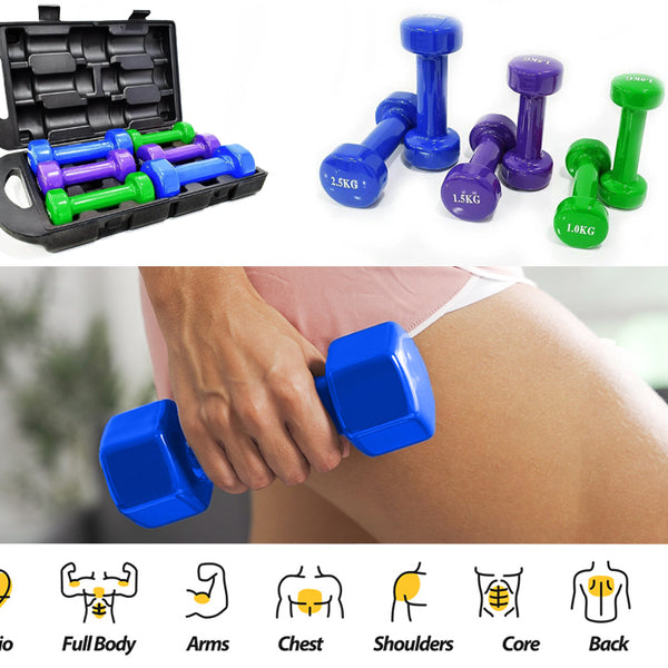 Vinyl Dumbbell Set With Molded Carry Case-10 Kgs (Multi-Colour Set)