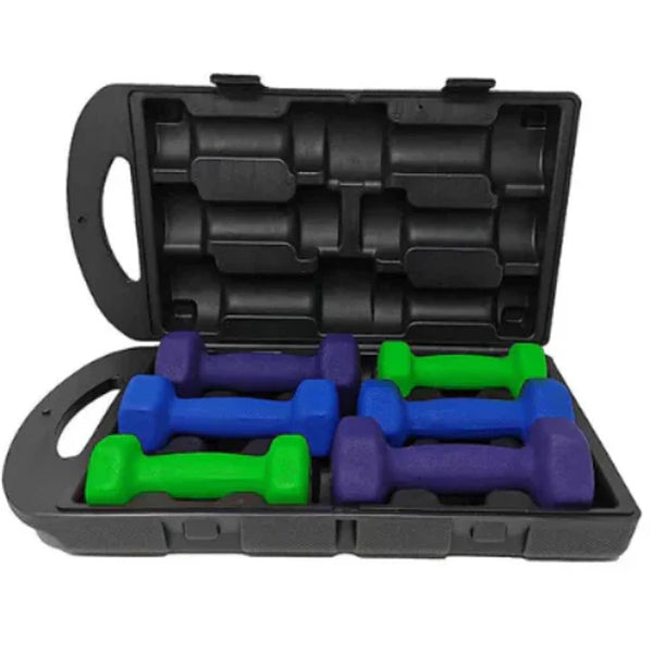 Neoprene Hex Dumbbell Set With Carry Case-10Kg(Green/Purple/Blue)