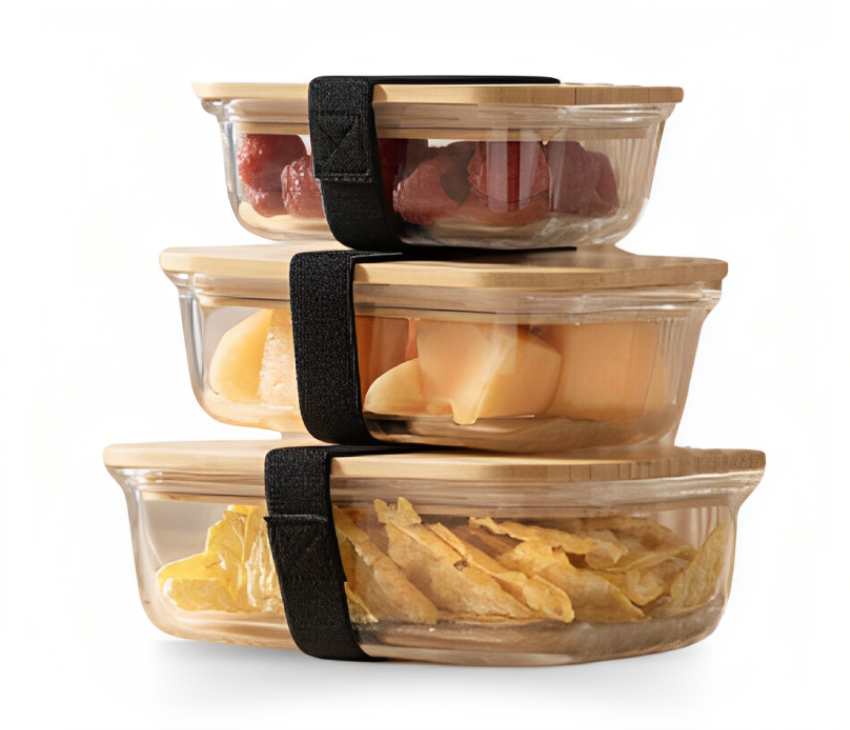 Glass Food Storage Containers with Bamboo Lids & 3 Stretchable Bands-Set Of 3