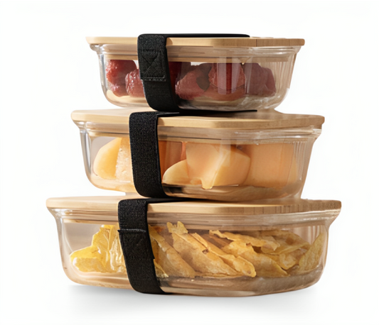 Houszy Glass Food Storage Containers [3 Pack] with Bamboo Lids (with 3 Stretchable Bands)