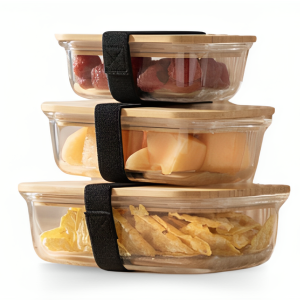 Glass Food Storage Containers with Bamboo Lids & 3 Stretchable Bands-Set Of 3