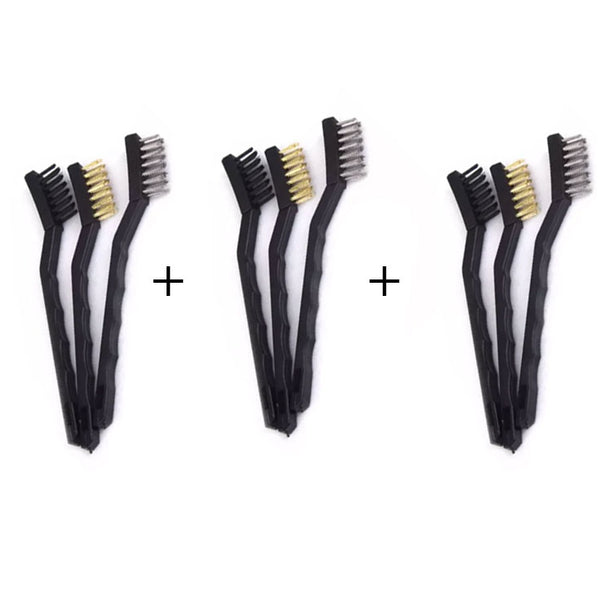 Mini Wire Brush Set Steel Brass Nylon Cleaning Polishing 3pc Black