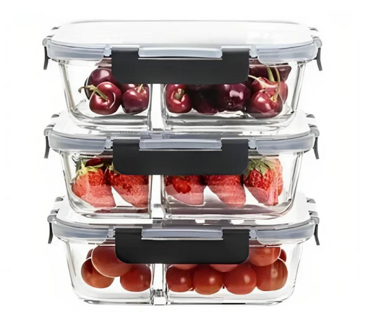2-Compartment Glass Meal Prep Containers With Snap Lock Lids–Set Of 3