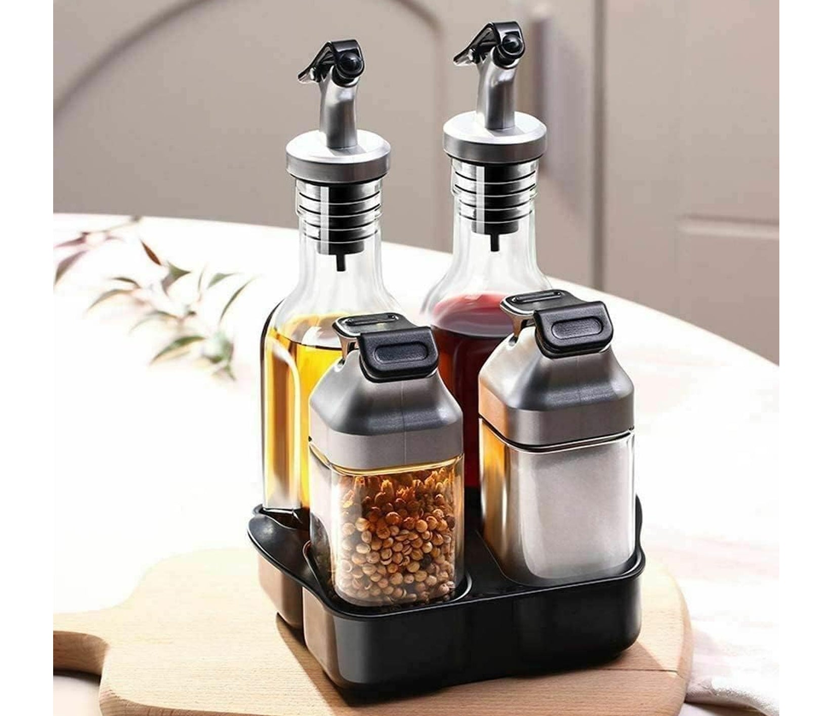 Glass Oil Dispenser Bottles & Condiment Shakers With Rotating Storage Rack-Set Of 5