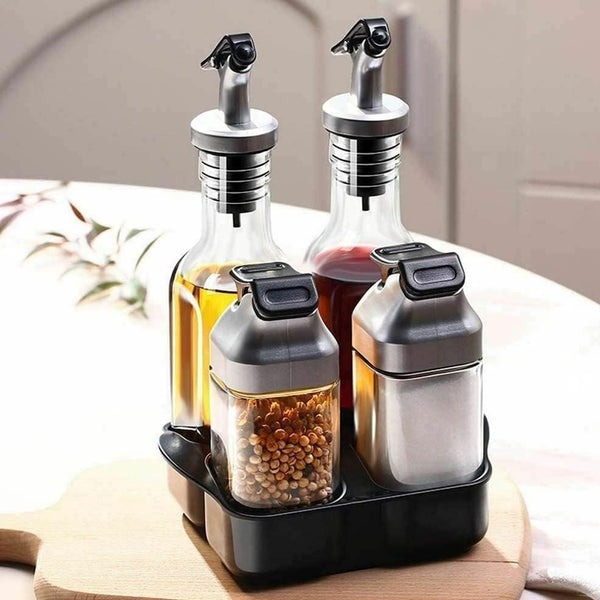 Glass Oil Dispenser Bottles & Condiment Shakers With Rotating Storage Rack-Set Of 5