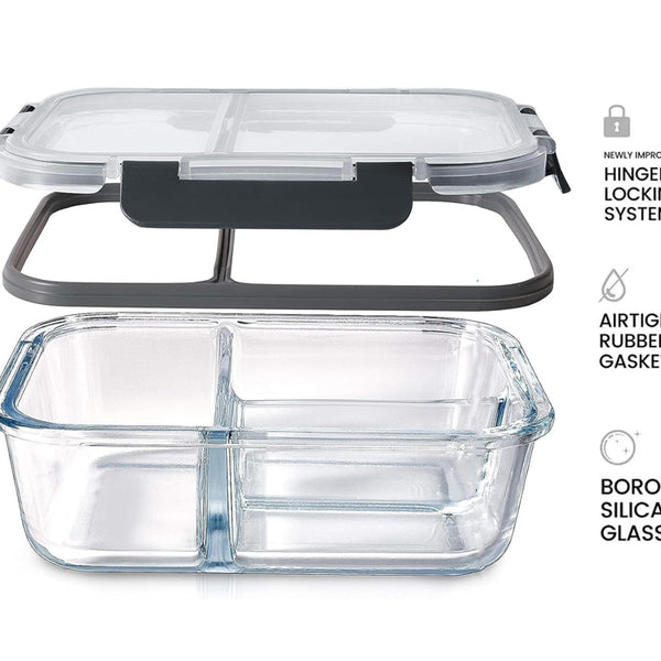 3-Compartment Glass Meal Prep Containers With Snap Lock Lids–Set Of 3-Houszy®