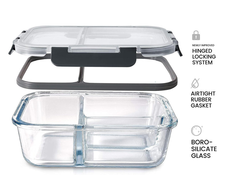 3-Compartment Glass Meal Prep Containers With Snap Lock Lids–Set Of 3