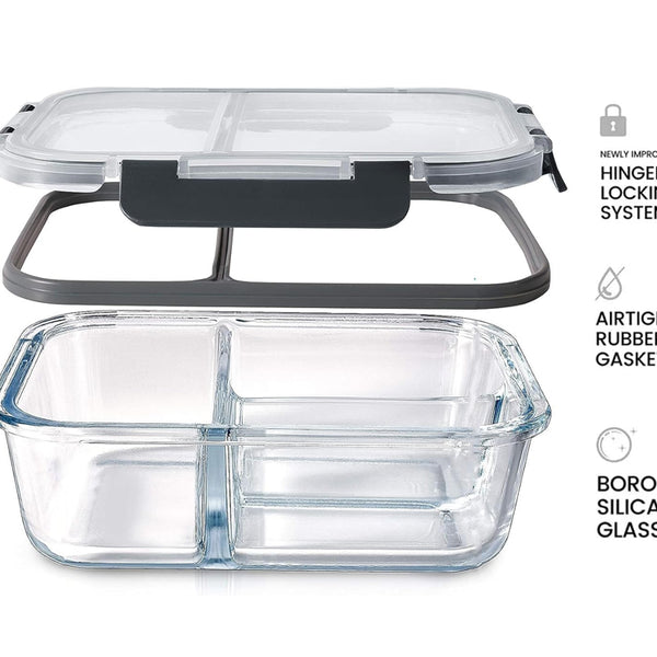 3-Compartment Glass Meal Prep Containers With Snap Lock Lids–Set Of 3