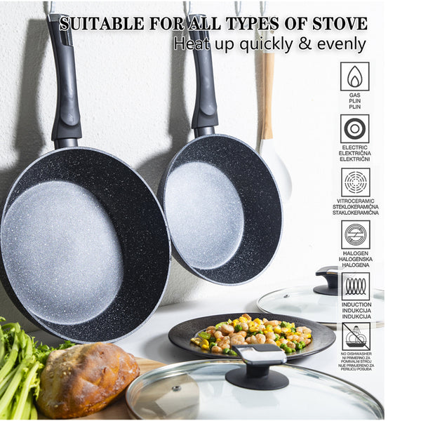 24cm Deep Frying Pan with Lid | Non-Stick Granite Coating, Induction Safe – Houszy