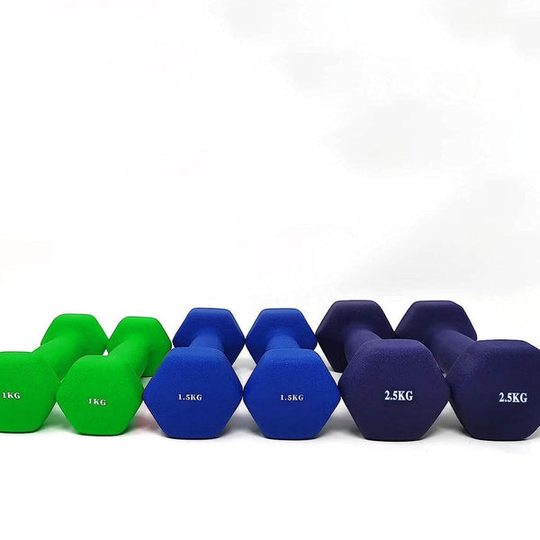 Neoprene Hex Dumbbell Set With Carry Case-10Kg(Green/Purple/Blue)