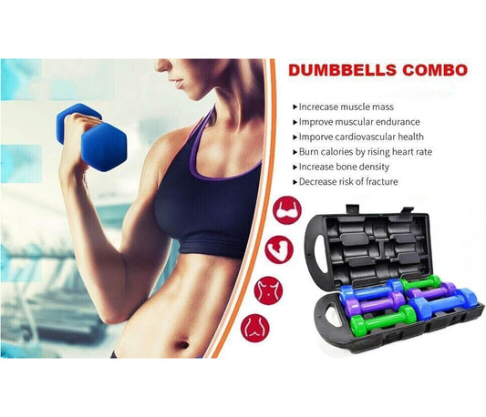 Neoprene Hand Dumbbell Weight Set 10Kg Carry Case, Green, Purple, Blue Colors
