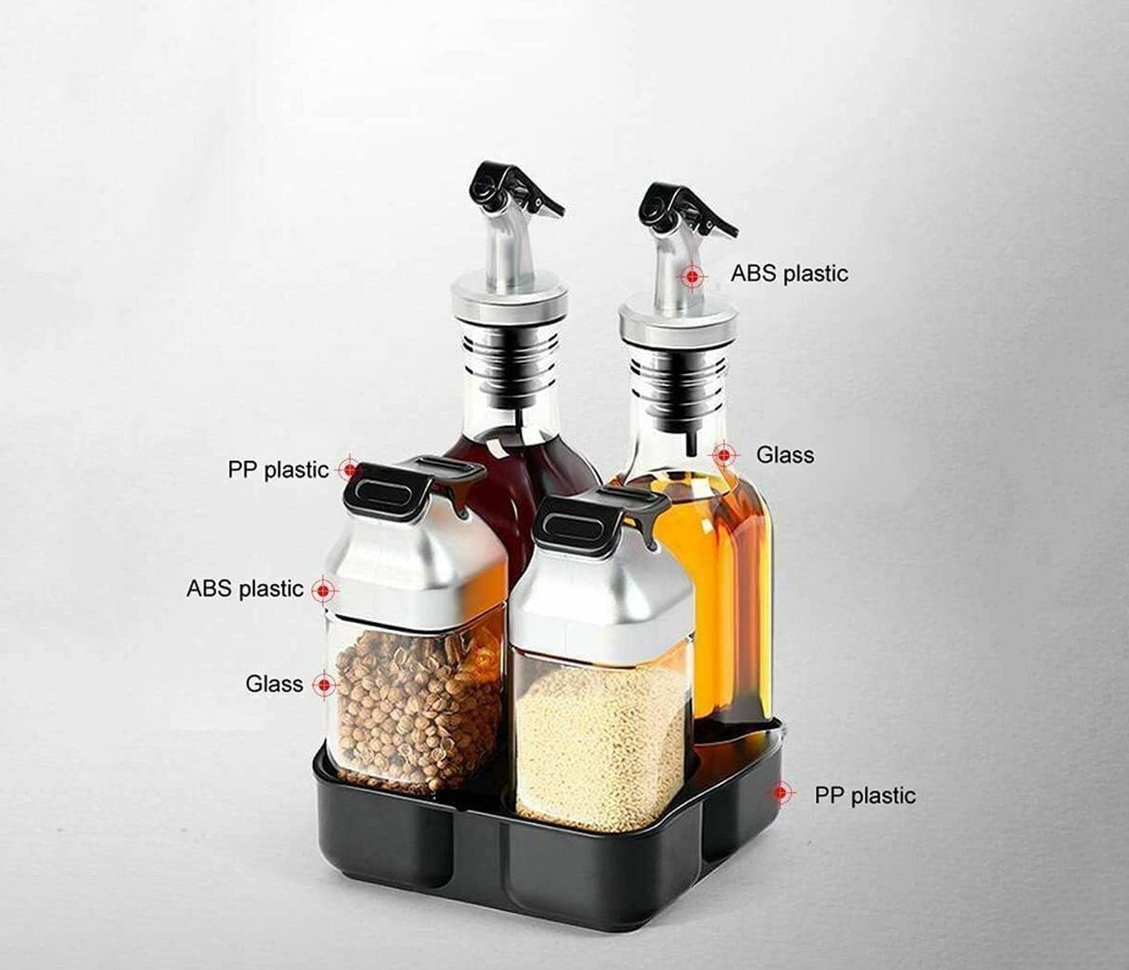 Glass Oil Dispenser Bottles & Condiment Shakers With Rotating Storage Rack-Set Of 5