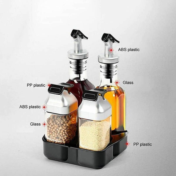 Glass Oil Dispenser Bottles & Condiment Shakers With Rotating Storage Rack-Set Of 5