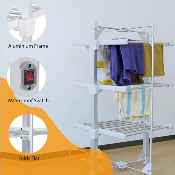 Electric Heated Clothes Airer-Mini Standard 3-Tier|With Rack Cover & 12 Clothes Pegs