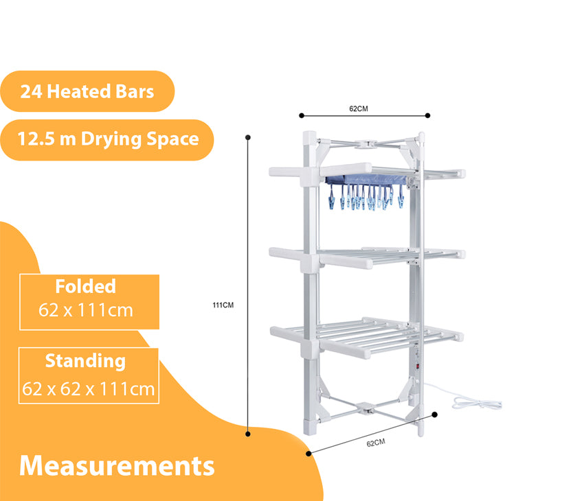 Electric Heated Clothes Airer-Mini Standard 3-Tier|With Rack Cover & 12 Clothes Pegs